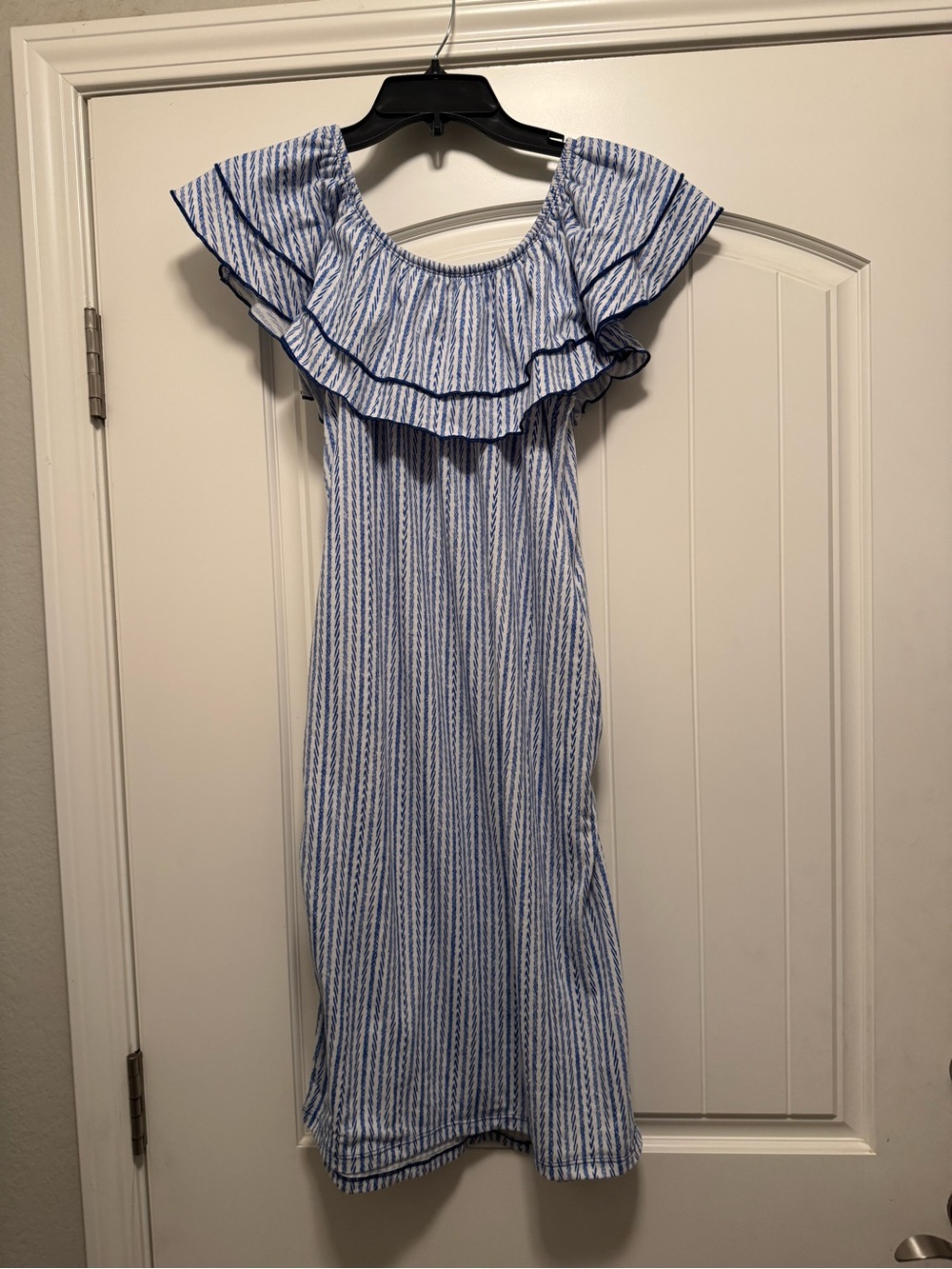Blue & White Striped Off-Shoulder Ruffle Midi Dress